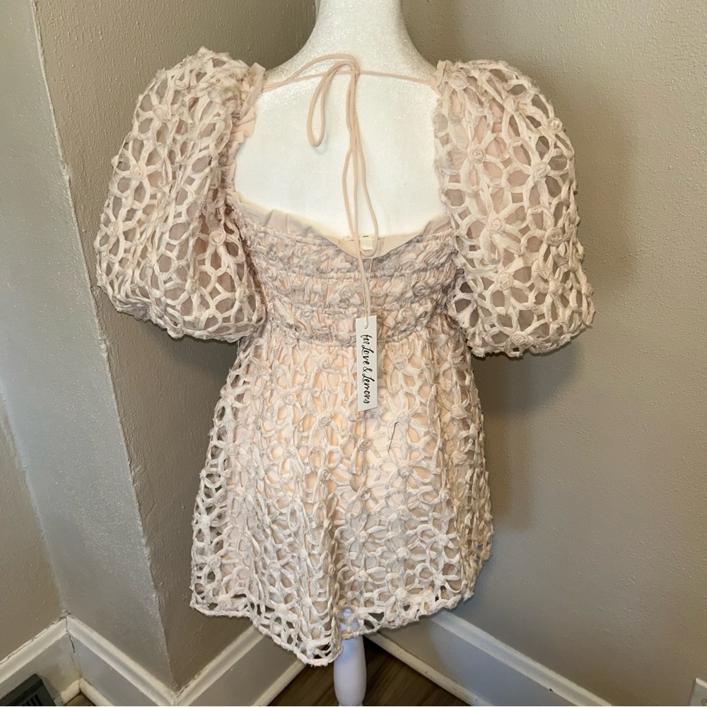 For Love And Lemons crochet Cream Puff Sleeve bridal cottagecore Mini Dress - Picture 4 of 6